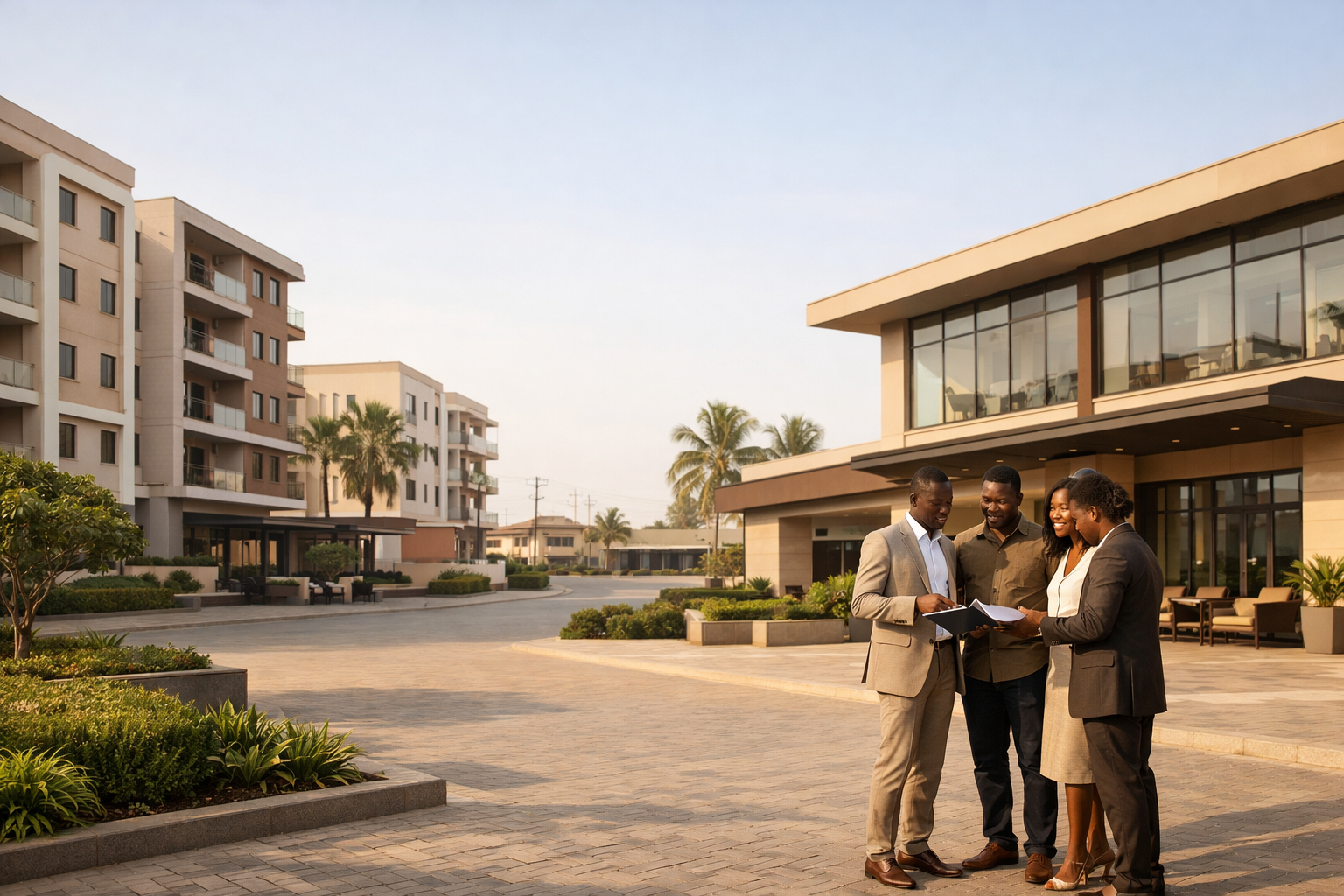 AfriQassa property advisory team reviewing documents in front of modern buildings in Accra